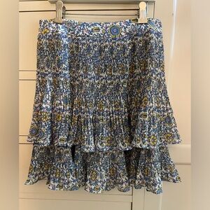 BODEN Plisse Mini Skirt Size 4 Frilly Layered Summer Ivory Blue Floral